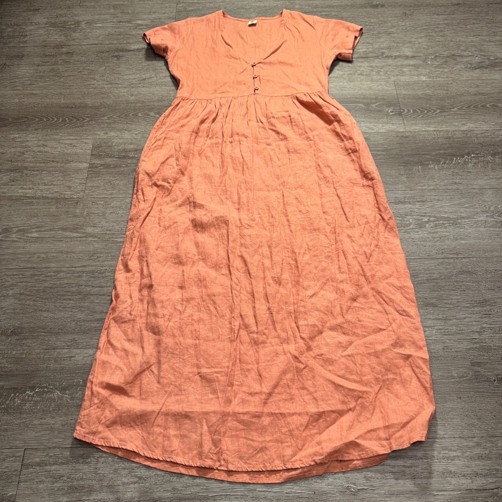 ROVE Maxi Dress Women XS Coral Peach 100% Linen Boho Coastal Ethically Made Bali